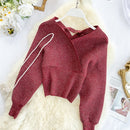 220 Neue Sexy V-Ausschnitt Mode Helle Seide Pullover Frauen Herbst Fledermaus Ärmel Kurze Taille Bodenbildung Hemd Winterkleidung Frauen