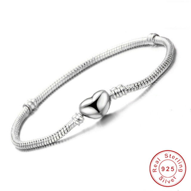 Original 925 Sterling Silver Snake Chain Bracelet Secure Heart Clasp Beads Charms Bracelet For Women DIY Jewelry Making