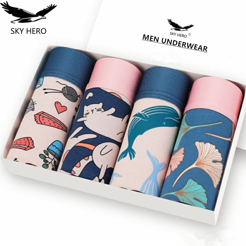 4pcs/lot Mens Underwear Boxers Cotton Fashion Printed Men Underpants Boxer Shorts Male Panties Pouch Vetement Homme