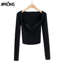 Aproms Sexy Strickpullover mit eckigem Ausschnitt, gerippt, Damen, lässig, langärmlig, hochdehnbar, Streetwear, weiß, weich, Basic-Top