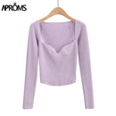 Aproms Sexy Strickpullover mit eckigem Ausschnitt, gerippt, Damen, lässig, langärmlig, hochdehnbar, Streetwear, weiß, weich, Basic-Top