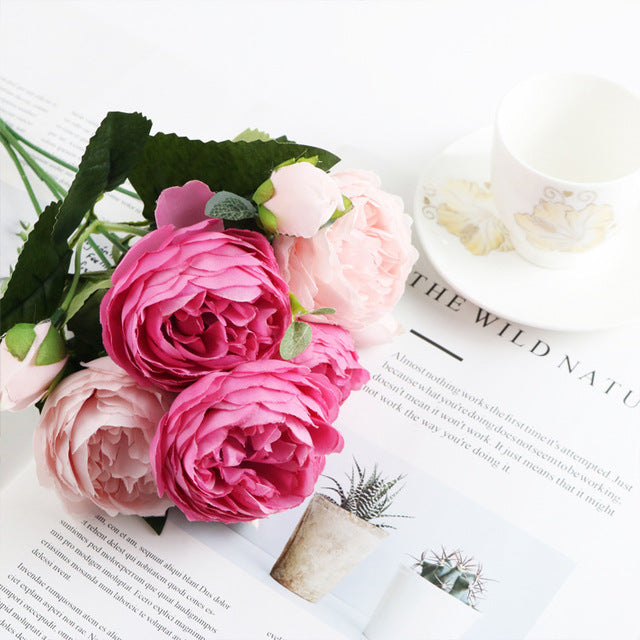 1 paquete de ramo de peonía de seda, accesorios de decoración del hogar, álbum de recortes para fiesta de boda, plantas falsas, pompones Diy, flores rosas artificiales