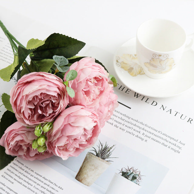 1 paquete de ramo de peonía de seda, accesorios de decoración del hogar, álbum de recortes para fiesta de boda, plantas falsas, pompones Diy, flores rosas artificiales