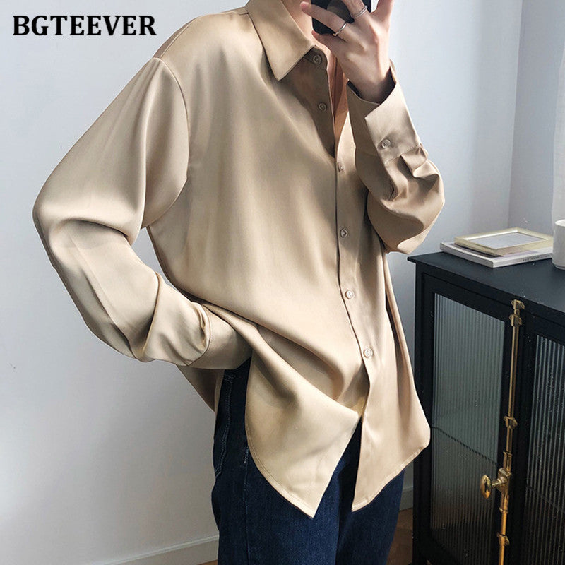 BBTEEVER 2020 New Chic Frauen Satin Shirts Langarm Solide Umlegekragen Elegante Büro Damen Arbeitskleidung Blusen Weiblich