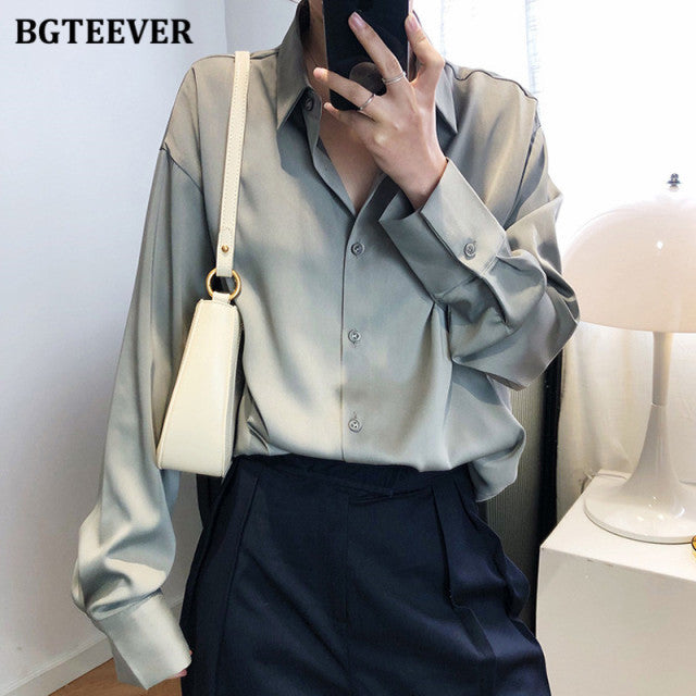 BBTEEVER 2020 New Chic Frauen Satin Shirts Langarm Solide Umlegekragen Elegante Büro Damen Arbeitskleidung Blusen Weiblich