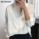 BBTEEVER 2020 New Chic Frauen Satin Shirts Langarm Solide Umlegekragen Elegante Büro Damen Arbeitskleidung Blusen Weiblich