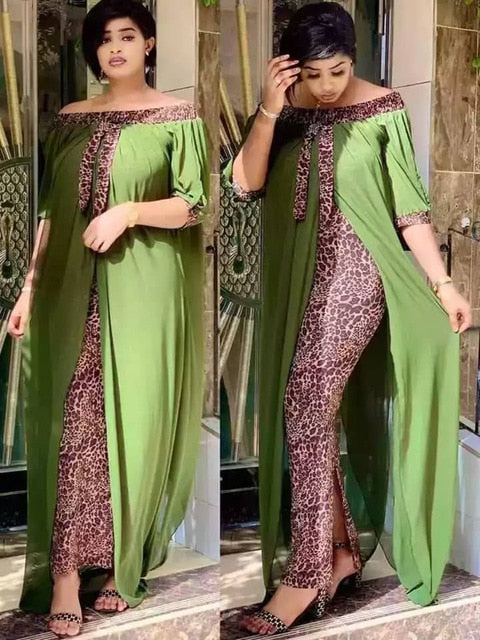 Mr Hunkle Leopard Loose Bodycon Fashion outdoor WomenMaxi  Dress Leisure Patchwork Strapless Sexy Ethnic Style African vestidos