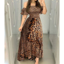 Vestidos de fiesta con hombros descubiertos para mujer, Vestido largo acampanado con estampado de leopardo y volantes para mujer, Vestido Sexy con tiras y cuello oblicuo para mujer
