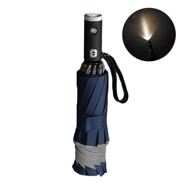 Automatischer Reverse-Klappschirm LED-Reflexstreifen Automatische Regenschirm-Taschenlampe Dreifacher winddichter Auto-Business-Regenschirm