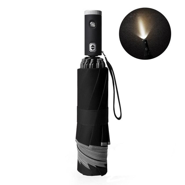 Paraguas plegable inverso automático, tira reflectante LED, paraguas automático con linterna, paraguas de negocios para coche a prueba de viento de tres pliegues