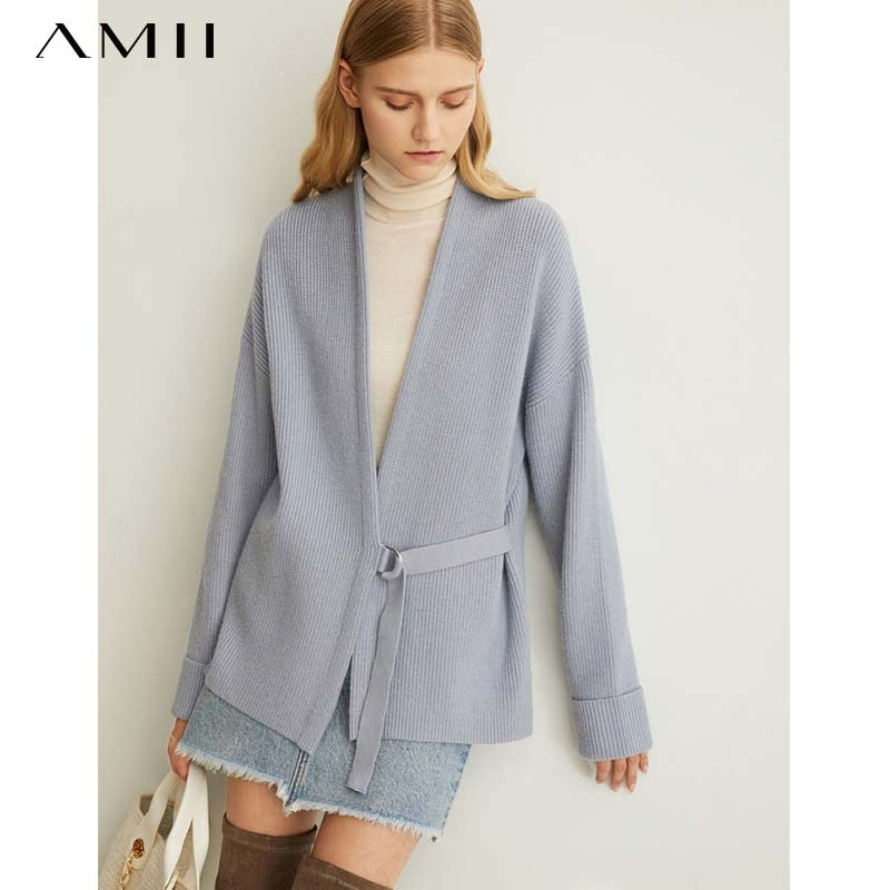 Amii, abrigo de lana tejido con cinta de pino de primavera para mujer, nuevo suéter de cuello en v con cinturón de manga completa sólida, 11940411