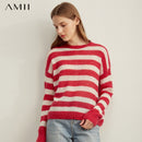 Amii Herbst Frauen Gestreifter Strickpullover Weibliche Lässige Rundhalsausschnitt Langarm Lose Rollkragenoberteile 11970663
