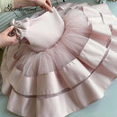 Puffy Layers Rosa Blumenmädchenkleider Satin Schleife Kinder Prinzessin Kleid Schleife Schulter Kinder Erstkommunion Kleider Geburtstag Neujahr