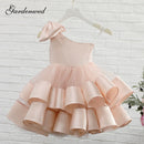 Puffy Layers Rosa Blumenmädchenkleider Satin Schleife Kinder Prinzessin Kleid Schleife Schulter Kinder Erstkommunion Kleider Geburtstag Neujahr
