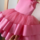 Puffy Layers Rosa Blumenmädchenkleider Satin Schleife Kinder Prinzessin Kleid Schleife Schulter Kinder Erstkommunion Kleider Geburtstag Neujahr