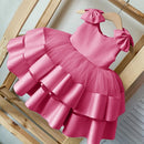 Puffy Layers Rosa Blumenmädchenkleider Satin Schleife Kinder Prinzessin Kleid Schleife Schulter Kinder Erstkommunion Kleider Geburtstag Neujahr