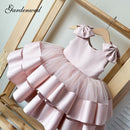 Puffy Layers Rosa Blumenmädchenkleider Satin Schleife Kinder Prinzessin Kleid Schleife Schulter Kinder Erstkommunion Kleider Geburtstag Neujahr