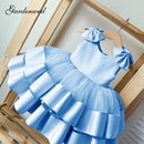 Puffy Layers Rosa Blumenmädchenkleider Satin Schleife Kinder Prinzessin Kleid Schleife Schulter Kinder Erstkommunion Kleider Geburtstag Neujahr