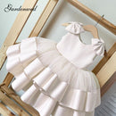 Puffy Layers Rosa Blumenmädchenkleider Satin Schleife Kinder Prinzessin Kleid Schleife Schulter Kinder Erstkommunion Kleider Geburtstag Neujahr