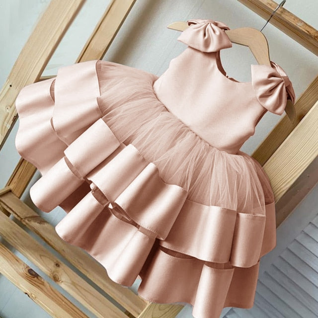 Puffy Layers Pink Flower Girl Dresses Satin Bow Kids Princess Dress Bow Shoulder Kids First Communion Dresses Birthday New Year