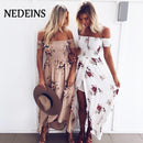 NEDEINS 2020 Frauen Sexy Blumenkleid Sommer Split Maxi Strand Sommerkleid Off Rückenfreies Kleid Boho Lange Kleider Vestidos Femme