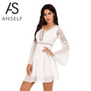Anself Sexy Damen Kleid V-Ausschnitt Aushöhlen Langarm Mini Chiffon Kleid Elegantes Weißes Boho Frauenkleid Lässige Spitze Vestido