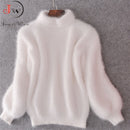 Suéter de cuello alto grueso de Mohair blanco Otoño Invierno dulce moda linterna manga Casual Color sólido pulóver pull femme