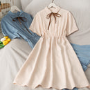Kleid Damen Chiffon Schleife Solide Hohe Taille Umlegekragen Preppy Style Kawaii Ulzzang Beliebtes Temperament Mädchen Sommerurlaub