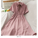 Kleid Damen Chiffon Schleife Solide Hohe Taille Umlegekragen Preppy Style Kawaii Ulzzang Beliebtes Temperament Mädchen Sommerurlaub