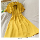 Kleid Damen Chiffon Schleife Solide Hohe Taille Umlegekragen Preppy Style Kawaii Ulzzang Beliebtes Temperament Mädchen Sommerurlaub