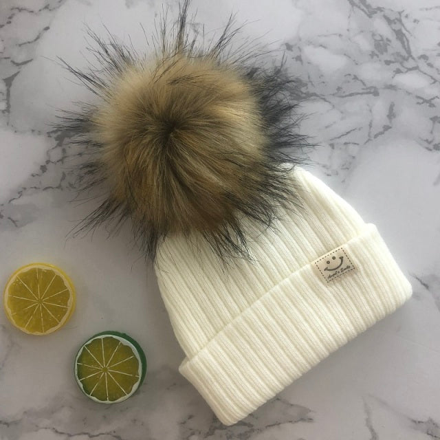 Gorro con pompón de piel sintética Unisex para invierno, bufanda para niños y niñas, gorros tejidos para bebés con gorro con pompón, accesorios para niños