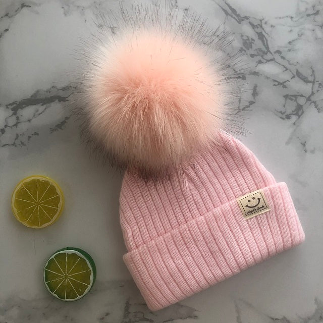 Gorro con pompón de piel sintética Unisex para invierno, bufanda para niños y niñas, gorros tejidos para bebés con gorro con pompón, accesorios para niños