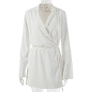 Julissa Mo negro satén cuello pico camisa vestido mujer Otoño Invierno manga acampanada encaje hasta Mini Vestidos elegantes señoras fiesta Vestidos