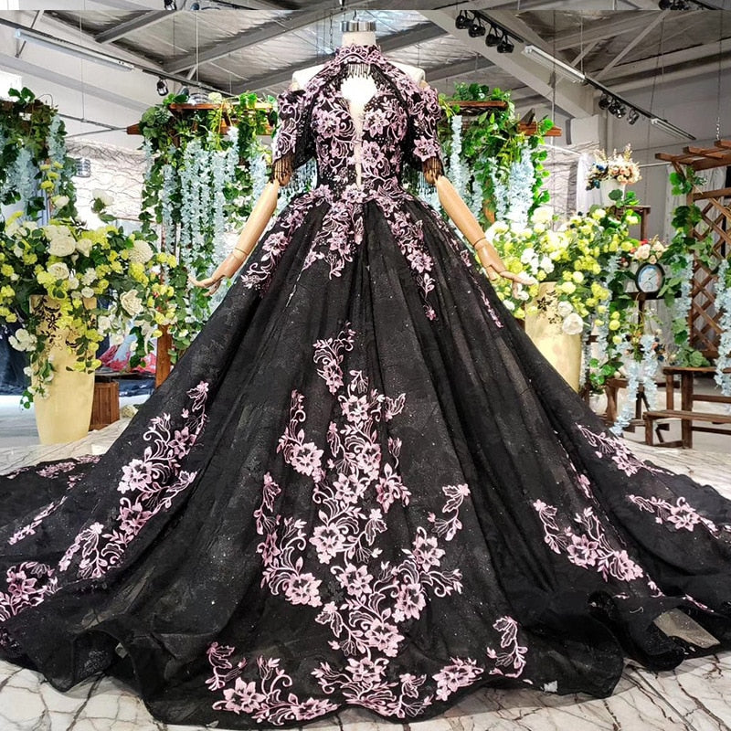 Schwarz Rosa Langes Abendkleid Robe De Soiree Stickerei 3D Blumen Vestidos Quinceanera Kleider Ballkleid Formelles Abendgalakleid