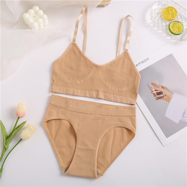 2PCS Bra Set Women Sexy Bralette Sexy Female Underwear Lingerie Ribbed Tops Girls Fashion Brassiere Basic Stretchy Tank Crop Top