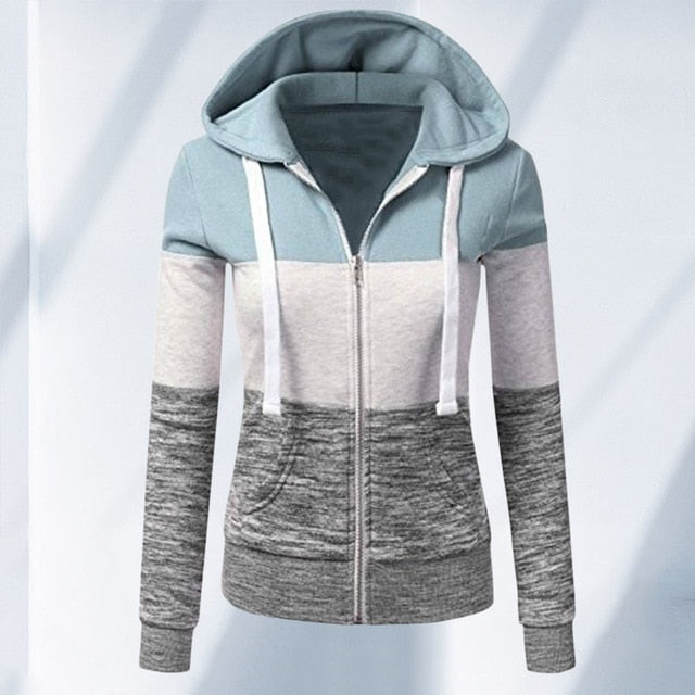 Sudaderas con capucha de manga larga para mujer, sudaderas con capucha de otoño e invierno, Sudadera con capucha de retales con bolsillo y cremallera para mujer, prendas de vestir para mujer