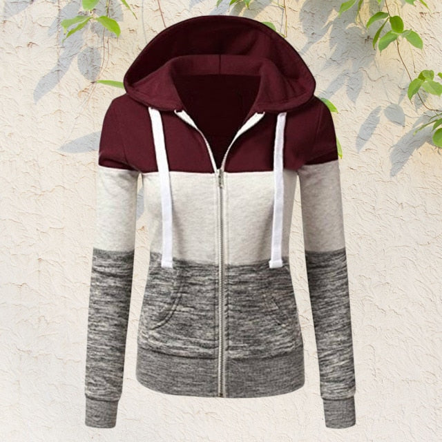 Women Sweatshirts Autumn Winter Hoodies Long Sleeve Hoody Ladies Zipper Pocket Patchwork Hooded Sweatshirt Female Outwear