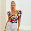 SHEIN Multicolor Sweetheart Neck Puff Sleeve Floral Top Slim Fit Wickelbluse Sommer Elegant Kurzarm Damen Tops und Blusen