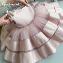 Puffy Layers Rosa Blumenmädchenkleider Satin Schleife Kinder Prinzessin Kleid Schleife Schulter Kinder Erstkommunion Kleider Geburtstag Neujahr