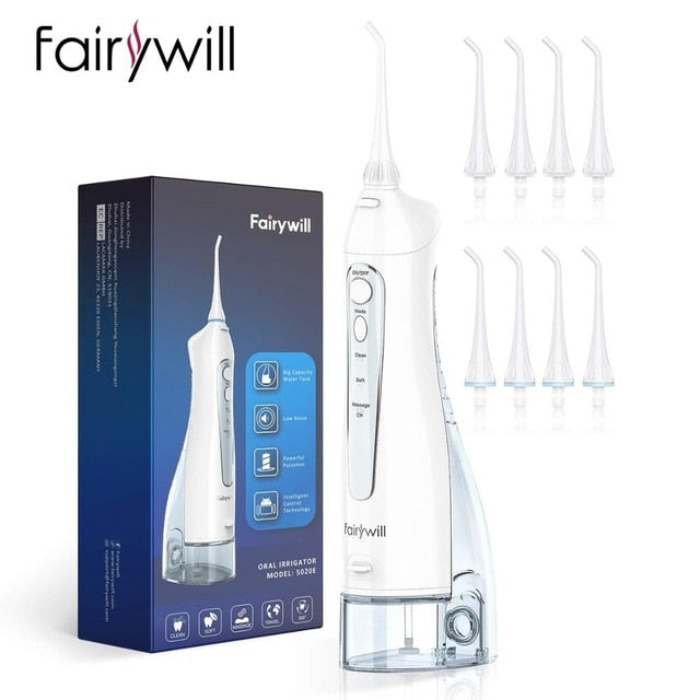 Irrigador de agua Fairywill para dientes, irrigador bucal de 300ML, recargable, portátil, Dental, 3 modos, tanque de agua, limpiador de dientes resistente al agua