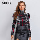 SHEIN High Neck Gigot Sleeve Plaid Top Damen Frühling Langarm Slim Fit T-Shirts Mehrfarbige elegante Office Lady T-Shirts