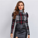 SHEIN High Neck Gigot Sleeve Plaid Top Damen Frühling Langarm Slim Fit T-Shirts Mehrfarbige elegante Office Lady T-Shirts