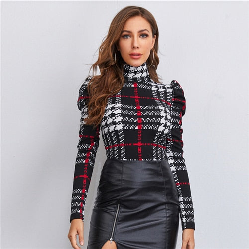 SHEIN High Neck Gigot Sleeve Plaid Top Women Spring Long Sleeve Slim Fit Tees Multicolor Elegant Office Lady T-shirts