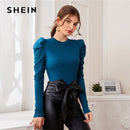 SHEIN Mock Neck Gigot Ärmel Rippstrick T-Shirt Slim Fit Top Damen 2021 Frühling Bürodame Solide Dünne Elegante T-Shirts