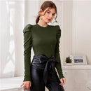 SHEIN Mock Neck Gigot Ärmel Rippstrick T-Shirt Slim Fit Top Damen 2021 Frühling Bürodame Solide Dünne Elegante T-Shirts
