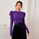 SHEIN Mock Neck Gigot Ärmel Rippstrick T-Shirt Slim Fit Top Damen 2021 Frühling Bürodame Solide Dünne Elegante T-Shirts