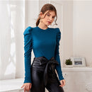SHEIN Mock Neck Gigot Ärmel Rippstrick T-Shirt Slim Fit Top Damen 2021 Frühling Bürodame Solide Dünne Elegante T-Shirts
