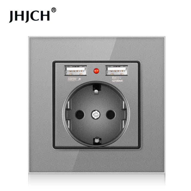 JHJCH EU-Steckdose, Stecker mit 2.1a 16A USB-Ladeanschluss, Glasscheibe, russisch-spanische Steckdose