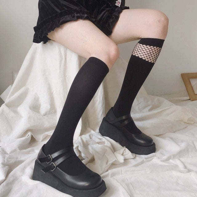 Calcetines de pierna de terciopelo de malla JK accesorios de disfraces de Cosplay uniforme chica oscura medias de red de moda Lolita