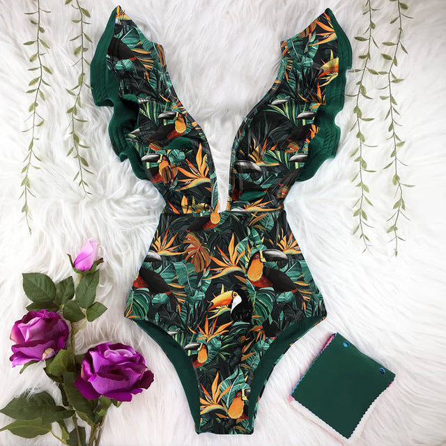 2021 New Sexy Ruffle Print Floral One Piece Swimsuit Off The Shoulder Swimwear Women Solid Deep-V Beachwear Bathing Suit Monkini